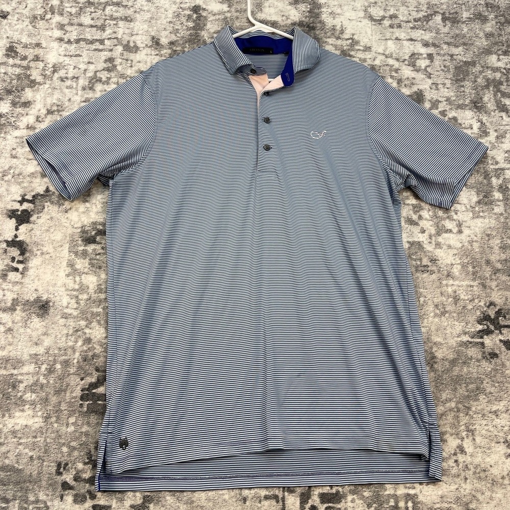 Greyson Men L Polo Shirt Blue‎ White Stripe Performance Golf Short Sleeve Preppy